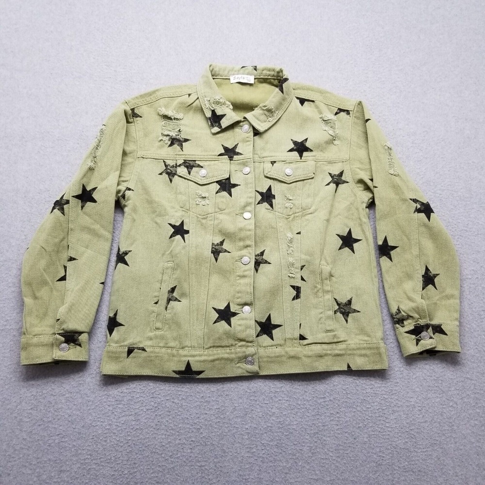 Zayla‎ Jacket Womens Large Green Stars Denim Buttons Pockets Distressed